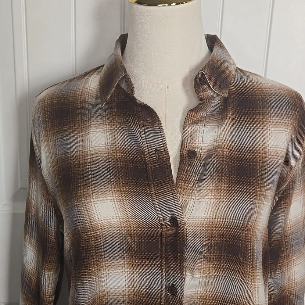 Banana Republic Factory Flannel Boyfriend Shirt Brown Plaid Western Style Small - Picture 3 of 7